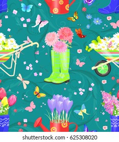 graceful seamless texture with bouquets of fresh flowers in gardening equipments 