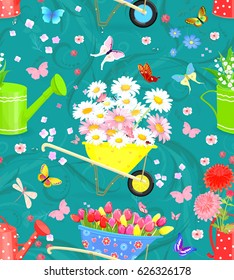 graceful seamless texture with bouquets of fresh flowers in gardening equipments and flying butterflies