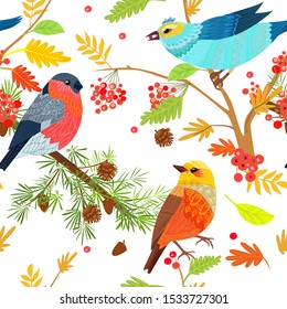 Graceful seamless texture with cute birds on branches of trees for your design
