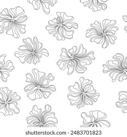 
Graceful seamless vector pattern, linear drawing, asymmetrical gray flowers on a white background, graphic