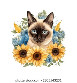 Graceful Siamese Cat with Sunflowers Watercolor Vector Illustration