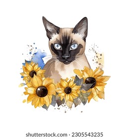 Graceful Siamese Cat with Sunflowers Watercolor Vector Illustration