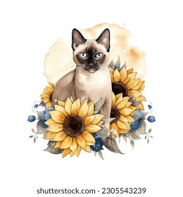 Graceful Siamese Cat with Sunflowers Watercolor Vector Illustration