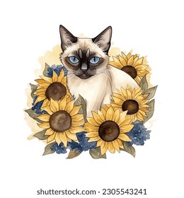 Graceful Siamese Cat with Sunflowers Watercolor Vector Illustration