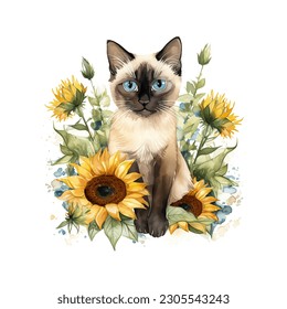 Graceful Siamese Cat with Sunflowers Watercolor Vector Illustration