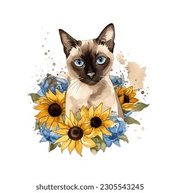 Graceful Siamese Cat with Sunflowers Watercolor Vector Illustration