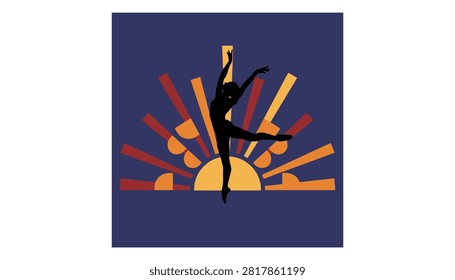 Graceful silhouette of a ballet dancer jumping in mid air against a colorful sunburst background of vibrant warm tones.