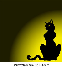 The graceful silhouette of a cat on a full moon background. Mystic. Halloween. Vector.