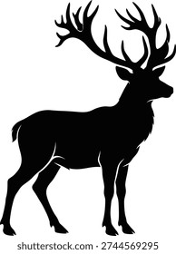 Graceful silhouette of a deer stag with impressive antlers. Perfect for woodland themes, hunting clubs, and winter holiday designs.