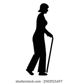 A graceful silhouette of an elderly woman with a walking stick, capturing the essence of wisdom and strength.