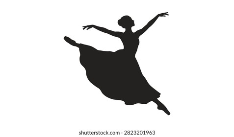 A graceful silhouette of a female ballet dancer leaping in the air against a plain white background