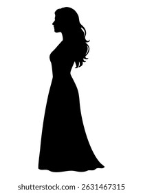 Graceful silhouette of a woman in a flowing dress, exuding elegance and timeless beauty. Ideal for fashion, bridal, feminine, or classy design concepts.
