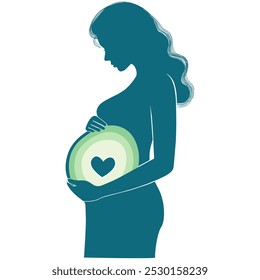 Silhueta graciosa de uma mulher representando a maternidade pacífica e alegre com um símbolo de coração suave em sua barriga, perfeito para o projeto de maternidade, conceitos que celebram a vida, o amor, a gravidez e a família