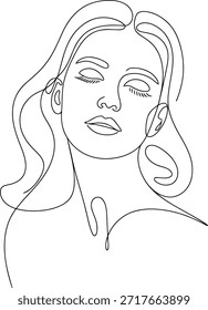 Dibujo elegante de una sola línea de la cabeza y los hombros de una mujer con los ojos suavemente cerrados, que exuda paz y relajación.