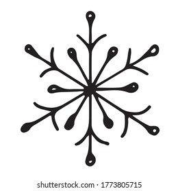 Graceful six-pointed snowflake, hand-drawn in a doodle style.  The snowflake is drawn from six long rays with branches and six smaller rays.  Each beam at the end is shaped like a drop.