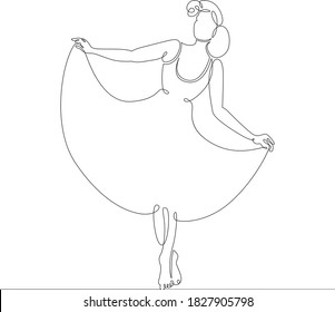 Graceful slender beautiful woman is dancing, dancer. One continuous drawing line, logo single hand drawn art doodle isolated minimal illustration.