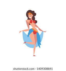 Graceful Smiling Eastern Girl Dancing Belly Dance, Indian or Arabic Dancer Character in Traditional Costume Vector Illustration