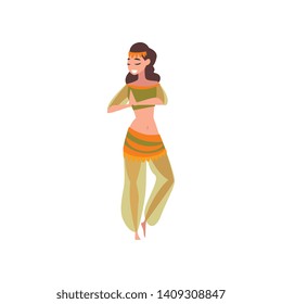 Graceful Smiling Eastern Girl Dancing Belly Dance, Oriental Indian or Arabic Dancer Character in Costume Vector Illustration