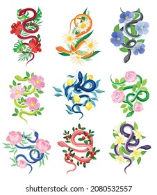 Graceful snakes coiled around beautiful flowers set vector illustration