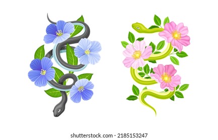 Graceful Snakes Coiled Around Beautiful Blooming Flowers Vector Set