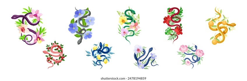 Graceful Snakes Coiled Around Beautiful Blooming Flower and Foliage Vector Set