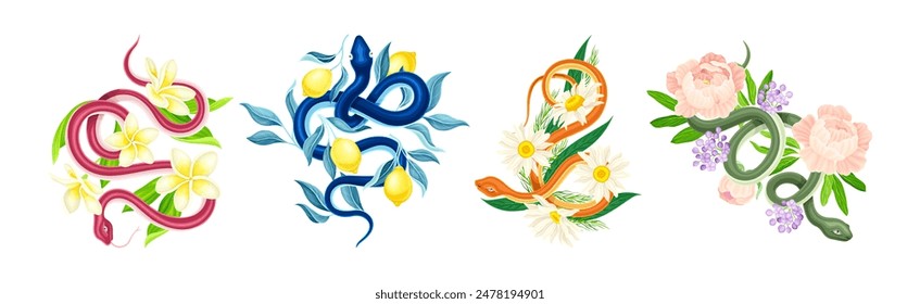 Graceful Snakes Coiled Around Beautiful Blooming Flower and Foliage Vector Set