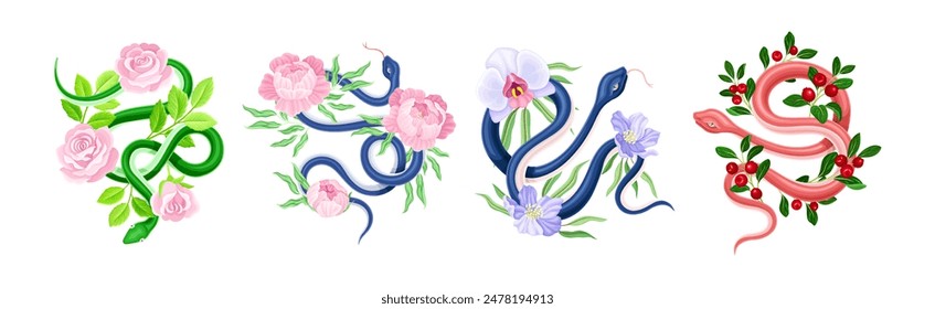 Graceful Snakes Coiled Around Beautiful Blooming Flower and Foliage Vector Set