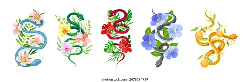 Graceful Snakes Coiled Around Beautiful Blooming Flower and Foliage Vector Set