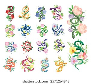 Graceful Snakes Coiled Around Beautiful Flowers Vector Set