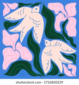 Una elegante composición cuadrada con elegantes flores y pájaros inspirados en Matisse