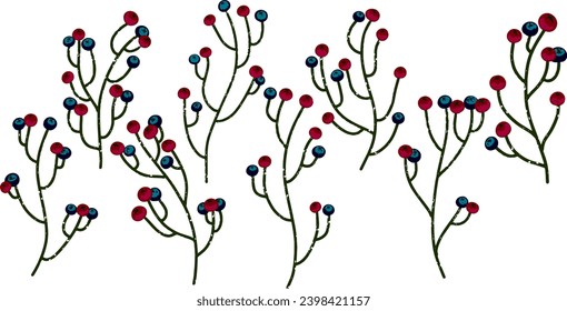 Graciosos tallos con bayas. Conjunto de elementos de textura de grano vectorial, estilo de dibujos animados, doodle, textura de grunge, lápiz de color, pintura antigua, textura de lápiz, pastel, lápiz. Colección de vectores.