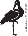 Graceful stork crane bird preening feathers silhouette icon layout