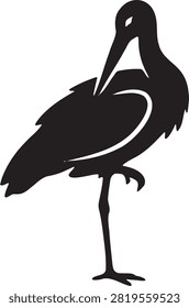 Graceful stork crane bird preening feathers silhouette icon layout