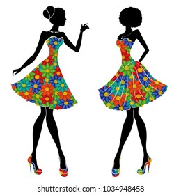 Graceful stylish young models in short dresses with motley multicolor flowers, vector stencils isolated on the white background
