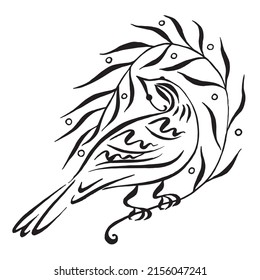 Graceful stylized bird. Vector illustration bird on a branch. Pattern bird on a branch.