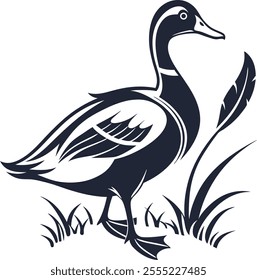 Graceful Stylized Illustration of a Duck silhouette Standing Amid Tall Grass