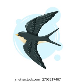 Graceful swallow in flight with dark wings and a light belly. Dynamic vector cartoon illustration of bird.