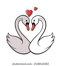 "Graceful swan couple in love, floating serenely on a calm lake with their necks curved to form a heart shape. Soft pastel hues and delicate reflections evoke romance and harmony."