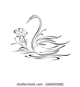 graceful Swan with a flower in black lines on a white background