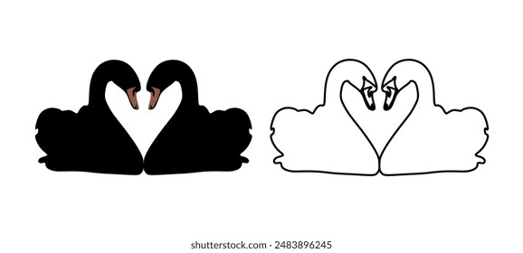 Graceful Swan Silhouettes, A Captivating Collection of Elegance and Serenity. Black and White Vector Isolated