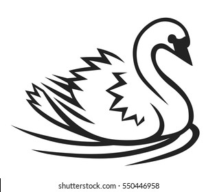Graceful swan swimming in a lake. Vector hand drawn illustration. Silhouette on white background