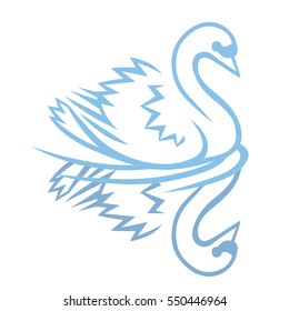 Graceful swan swimming in a lake. Vector hand drawn illustration. Silhouette on white background