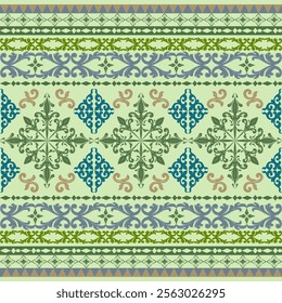 Graceful Traditional Royal Embroidery Gold Blue Green Scroll Ornament Detailed Jade Stone Shades Stripe Decoration with Florals Pattern. Elaborate Seamless Border Vector on Silk Weaves Grandeur Classy