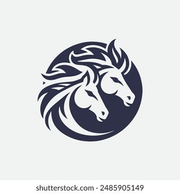 Graceful two horse logo circle icon, symbolizing partnership and strength. Ideal for equestrian businesses, sports teams, and branding. Vector design ensures scalability and versatility.