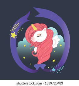 Graceful unicorn head with pink hair and purple ribbon tied with a bow.The background was cloud and star.Cute illustration for children.Can be used for t-shirt pattern. celebration ard,greeting poster