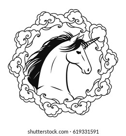 Graceful unicorn. Vector illustration. Black & White drawing for your logo, t-shirt print and other