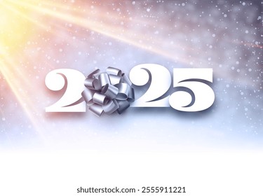 Graceful vector illustration of 2025 featuring a silver bow, radiant sunlight, and a soft snowy background.