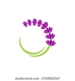 A graceful vector illustration of a lavender sprig curved into a semi-circular wreath shape. The design features a series of vibrant purple flower clusters trailing along the top arc, supported by two sweeping, minimalist green stems at the base. This elegant icon conveys a sense of relaxation and natural beauty, making it perfect for spas, aromatherapy products, florists, or wedding stationary.