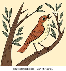 A graceful vector illustration of a Nightingale bird sweetly while perched on a tree branch, perfect for nature and wildlife