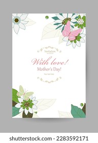 A graceful vertical banner with perched butterflies on fancy flowers with green and white petals against a white background.